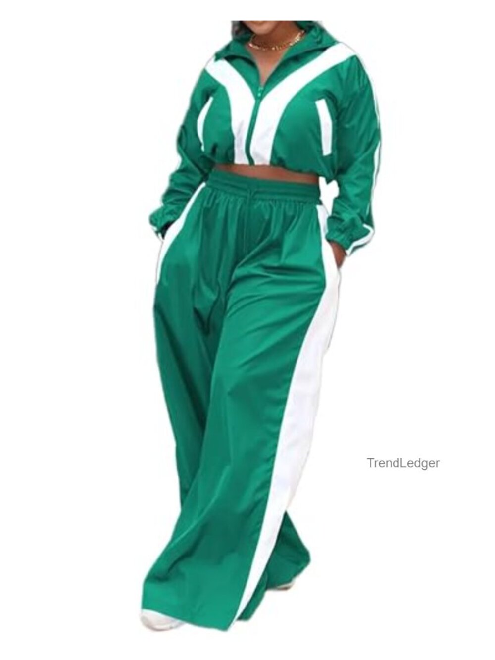 Women 2 Piece Nylon Tracksuit Set Cropped Bomber Jacket Wide Leg Pants